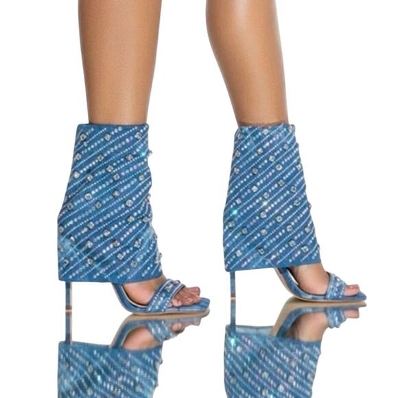 Azalea Wang Stefani Stiletto Rhinestone Denim Sandal, Size US 11, New with Tag - Picture 1 of 15